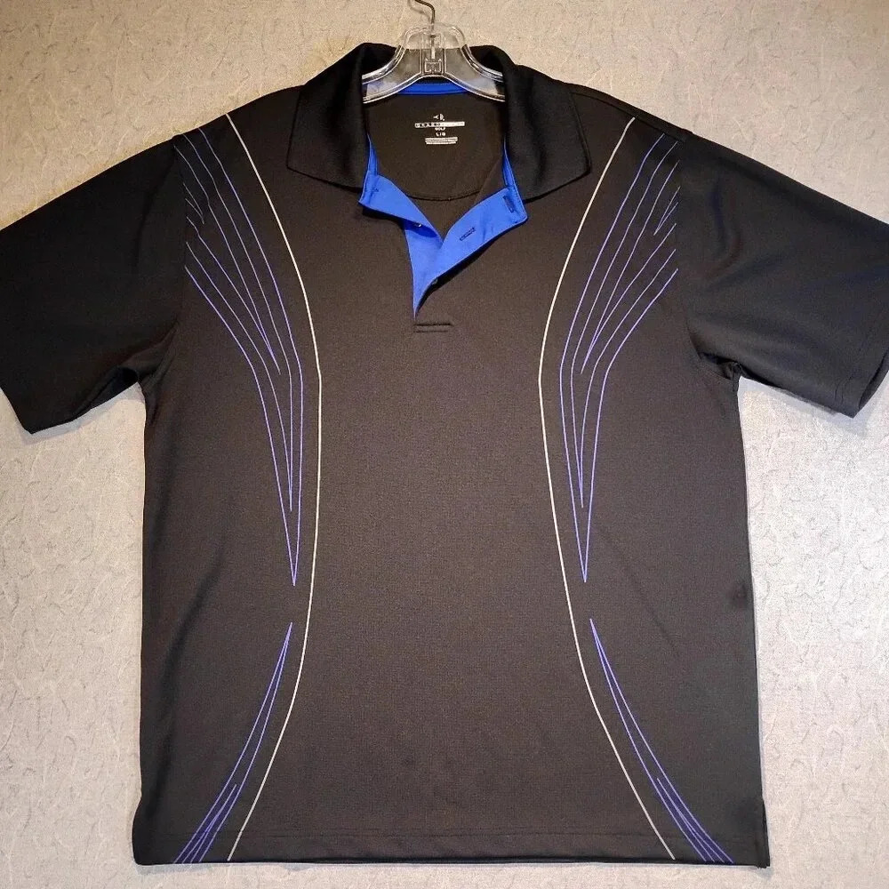 Grand Slam Golf Men's Black & Blue Short Sleeve 2 Button Collar Polo Shirt Large